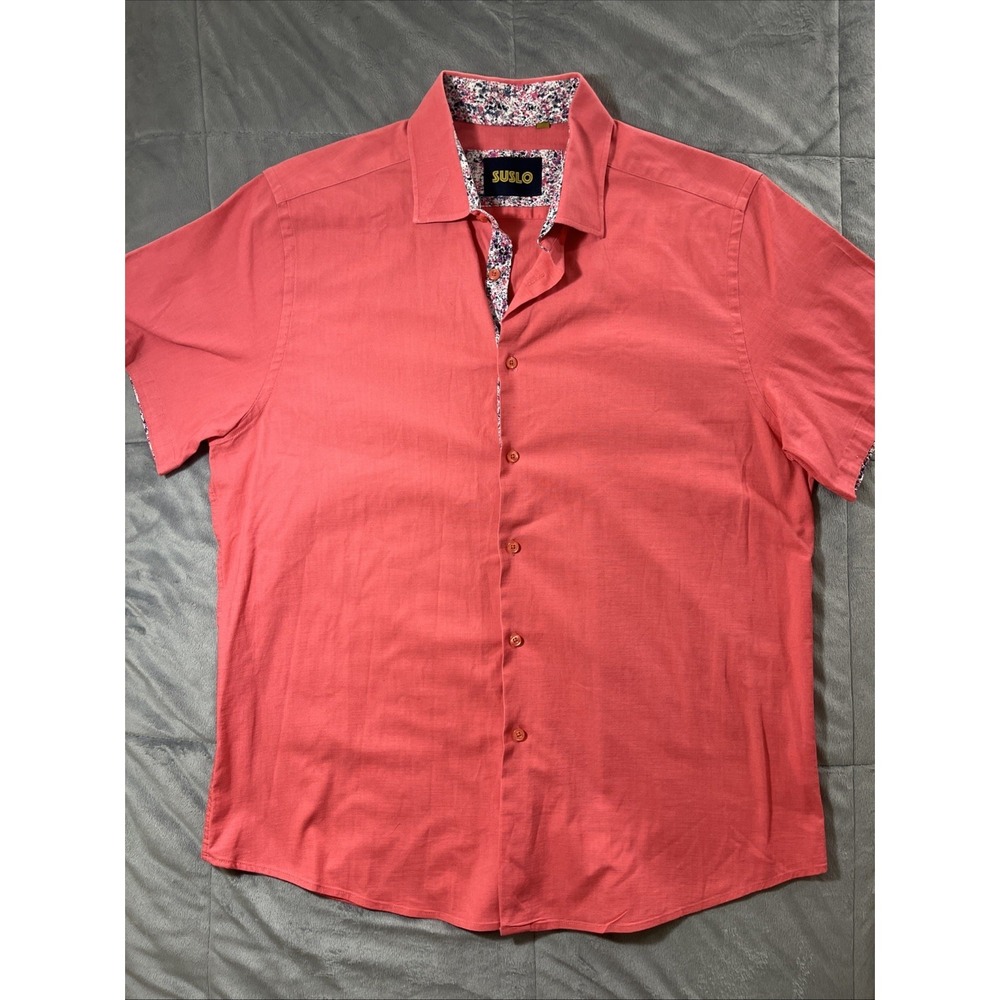 Suslo Couture Pink Short Sleeve Button Up Shirt‎ Men's XXL